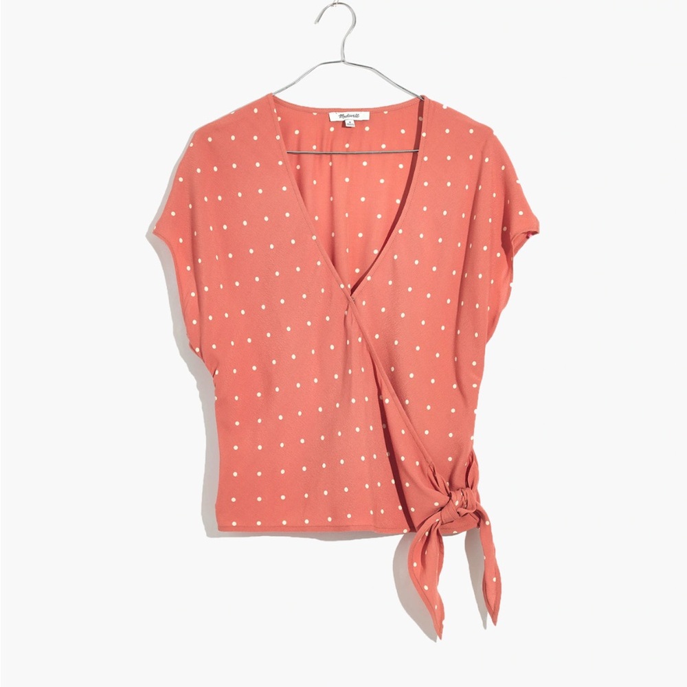Madewell Coral Polka Dot Wrap Blouse